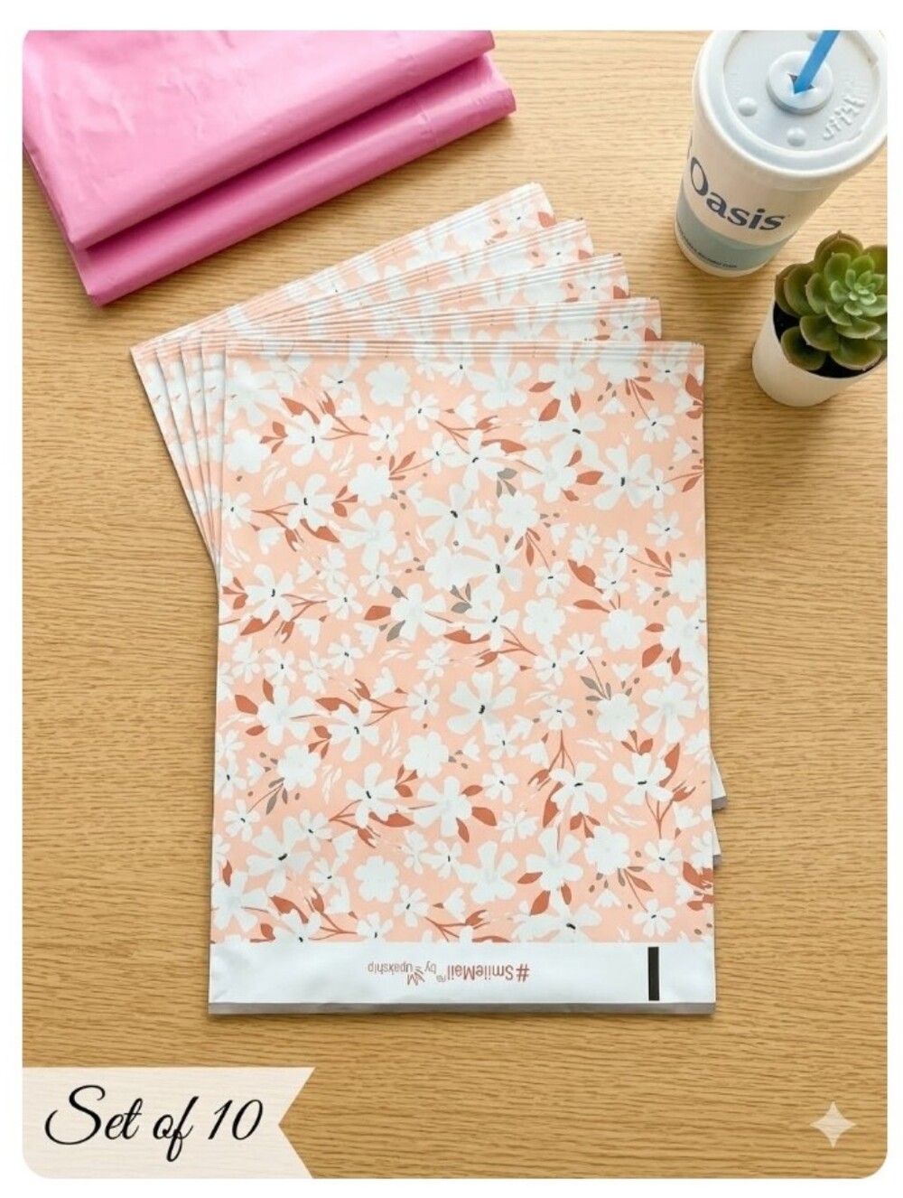 Peachy Pink Gray Floral Poly Mylar Like Mailers Set of 10 - Picture 4 of 11